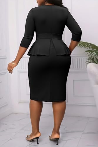 Image of Runwind Plus Size Dresses for Curvy Women, Work Church Professional Office Vintage Peplum Pencil Dress V Neck 3 /4 Sleeve