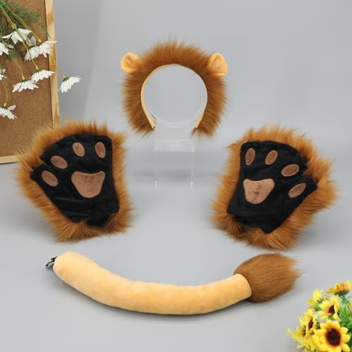 JIAHG Set Costume Da Leone Per Bambini E Adulti, Include Fascia Con Orecchie, Coda Pieghevole, 2 Zampe, Morbido Peluche, Perfetto Per Halloween, Carnevale, Compleanni, Cosplay - 2