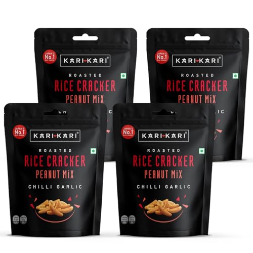 Image of Kari Kari Chilli Garlic Rice Cracker & Peanut Mix | Crunchy Japanese Snacks | Roasted, Non-Fried Healthy | 100% Vegetarian | Party (56g x Pack of 4)