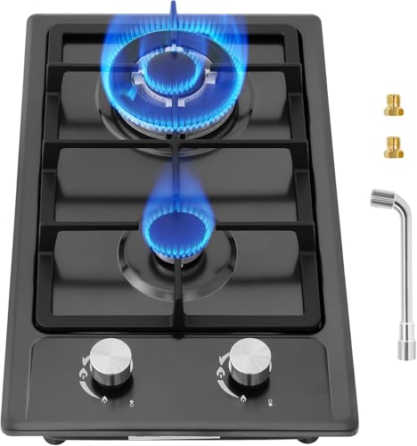 Plaque gaz 2 Feux Inox, Table de cuisson compatible Gaz Naturel ou Propane (Noir)