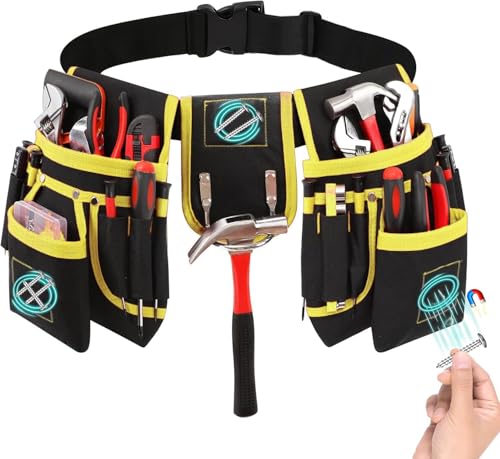 Tool Belt with 27 Pockets and 3 Magnetic Zones, Freely-Combinable, Heavy-Duty yet Lightweight Tool...