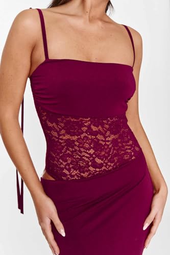 Image of Women's Lace Splicing Cutout Maxi Dress Square Neck Sleeveless Bodycon Long Dress with Sheer Corset