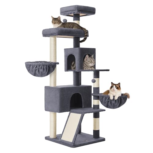 Feandrea Large Cat Tree Tower, 68.5-Inch Tall Cat Condo with Large Perch, Scratching Posts, Double Caves, Dark Gray UPCT006G02