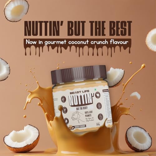 Image of BeastLife Crunchy Coconut Peanut Butter | 24.5 G Protein | 350 gm | 100% Peanuts, High Protein | Zero Palm Oil | Non‑GMO Nut Butter | Fitness-Friendly Spread | Zero Cholesterol