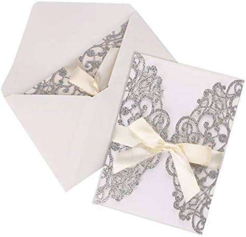 Driew Wedding Invitations with Envelopes, 12 pcs Laser Cut White Invitations with Ribbon for Wedding Engagement Bridal Baby Shower Business Event Shimmer Elegant Chic Rustic (Gold)