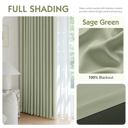 Image of FMFUNCTEX 100% Blackout Curtains for Bedroom, Sage Green Curtain 108 Inches Long Drapery Thermal Insulated Curtains for Living Room, Black Out Drapes Rod Pocket Room Darkening 2 Panels
