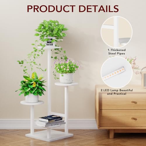 Image of Homsorout Plant Stand Indoor with Grow Light, 4-Tiered Tall Plant Stand Indoor, Metal Plant Shelf with Adjustable Light, Ideal for Living Room, Garden, Patio white