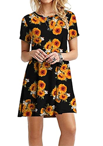 OMZIN Damen Tunika Shirtkleid Kleid Große Kurzes Größe Kleid Mini Longshirt Sommerkleid Plus Größe Schwarze Sonnenblume 3XL