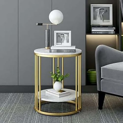 Image of Round End Table Coffee Table Side Table Bedside Table Nightstand Side Corner for Living Room Bedroom (Gold White 01)