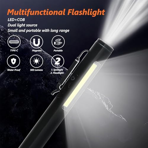 flintronic 2Pcs Taschenlampe, Mini LED Taschenlampe, Handheld Taschenlampe Klein, IPX4 Wasserdicht Stiftlampe, USB-aufladbare, Stift Lampe Perfekt für Inspektion, Arbeit, Reparatur, Notfälle