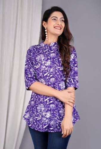 Image of Women's Rayon Floral Printed Short Kurti | Regular Fit | Mandarin Collar | Casual Wear for Office, College