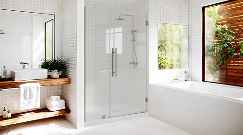 Fully Frameless Wall Hinge Shower Door with 5/16'(8mm) Tempered Glass，Hinged Single Swing Shower Door by Easy Clean Coating Glass, Matte Black (47'-48‘’ × 72', Brushed Nickel)