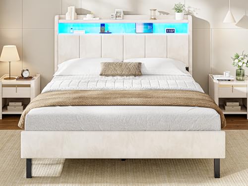 AOGLLATI Cama Matrimonial 140x190 con Espacio de Almacenaje, Marco de Cama con LED, Cabecero Acolchado, Carga Integrada USB y Tipo-C, Terciopelo Beige