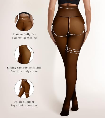 ciksob Fleece Lined Tights Women Winter Thermal Leggings Pantyhose Fake Translucent Hight Waist Thick Warm Sheer Stockings (Large, Fake Translucent Brown) - image 2