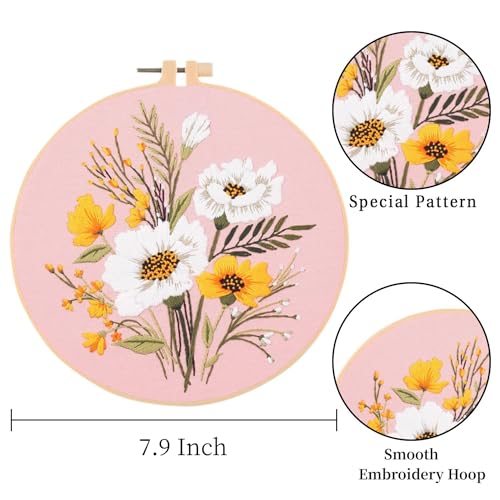 Image of LB Sunflower Floral Embroidery Kit for Beginners Adults, 3 Sets Hand Embroidery Starter Kit with Flower Pattern and Instructions Stamped Cross Stitch Kits Include Embroidery Hoop Needles Threads