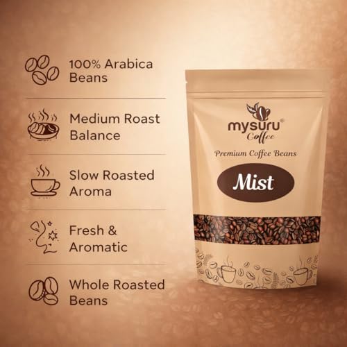 Image of MYSURU COFFEE Premium Whole Roasted Beans [250g - MIST] | Pure Arabica - 100% | Cafe Blend Medium Roast Fresh Single Origin Coffee