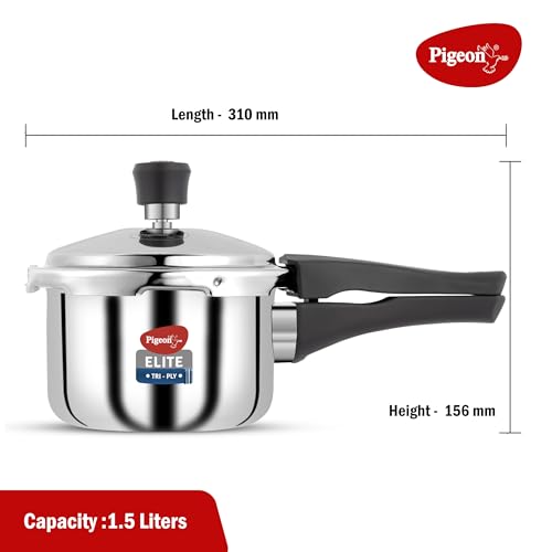 Image of Pigeon By Stovekraft Elite Shine 1.5Liters Tri-Ply Body Outer Lid Pressure Cooker Induction And Gas Stove Compatible That Distributes Heat Evenly For Uniform Cooking (Stainless Steel, Silver)