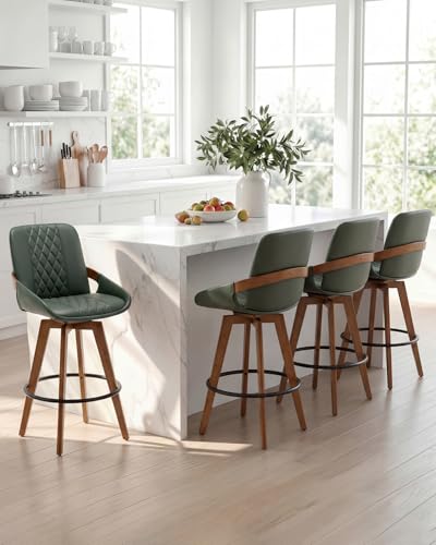 Image of AQG Counter Height Bar Stools Set of 4, Mid Century Modern Bar Chairs Swivel with Back, Faux Leather Upholstered Barstools Walnut Wood Frame for Kitchen Island (Green, 26 Inch - 4 PCS)
