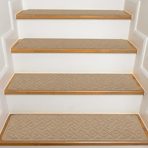 Stair Treads for Wooden Steps Indoor, 15 Pack 8' X 30' Non Slip Carpet Stair Treads with Reusable Adhesive for Kids Elders and Dogs, Surface Polyester TPR Backing Stair Rugs