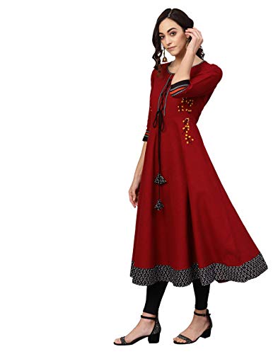 Image of Yash Gallery Womens Cotton Slub Regular Fit Embroidered Anarkali Kurta