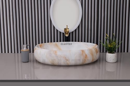 Image of CLUSTER Designer Glossy Ceramic Table Top Wash Basin For Bathroom | Countertop Bathroom Sink For Livingroom, Resturant Decor, Oval Shape (24 x 16 x 6 inch)