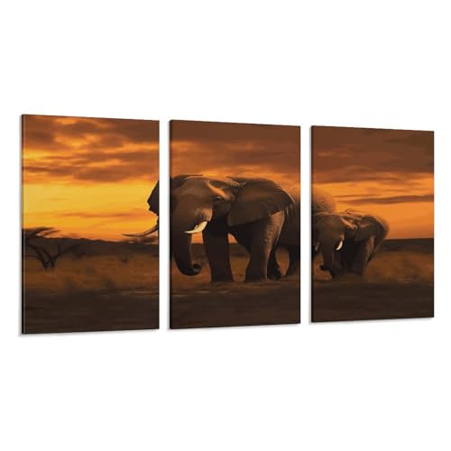 Toile murale à 3 panneaux éléphant coucher du soleil décoration suspendue verticale salon