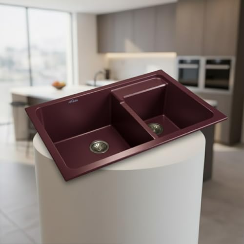 Image of ARQUIN Double Bowl Quartz Kitchen Sink 31x18x9 Inch Sand Pluto Granite sink, UV Protected, Undermount /Topmount Noise Reducing Quartz Sink for Kitchen Basin