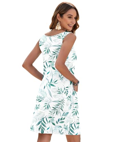 MOLERANI Damen Sommerkleid Ärmellos V-Ausschnitt Strandkleid Knielang Freizeitkleider Casual Midikleid mit Taschen Weißgrün Blatt M 5