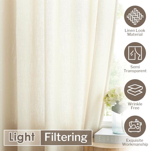Image of Melodieux Natural Beige Semi Sheer Curtains 108 Inches Long for Living Room Bedroom Extra Long Linen Look Rustic Rod Pocket Voile Drapes, 52 by 108 Inch (2 Panels)