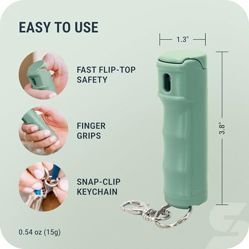 Image of SABRE Pepper Spray with Fast Flip Top Safety & Snap‑Clip Keychain for Self Defense - Maximum Police Strength OC with UV Marking Dye, Finger Grip, 10‑Sec. Spray, 14-ft Range, Made in USA, 0.54 fl oz