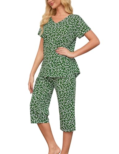 Image of ENJOYNIGHT Womens Pajama Sets Cotton Pj Set Short Sleeve Top With Capri Pants Sleepwear 2 Piece Lounge Set