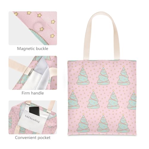 Cartoon Cute Pink Green Christmas Tree Canvas laptop bag with handles DIY Tote Bag Canvas Grocery Bag for Travelling Bolsa de lona4