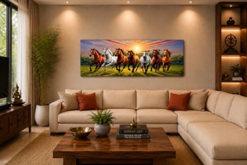 Image of 7 Horse Vastu Sunrise Canvas Painting | Positive Energy Wall Decor | Big Size Premium Running Horses Artwork for Home, Office & Hall Decoration (Modern, Brown Horse, 44x20 Inch)