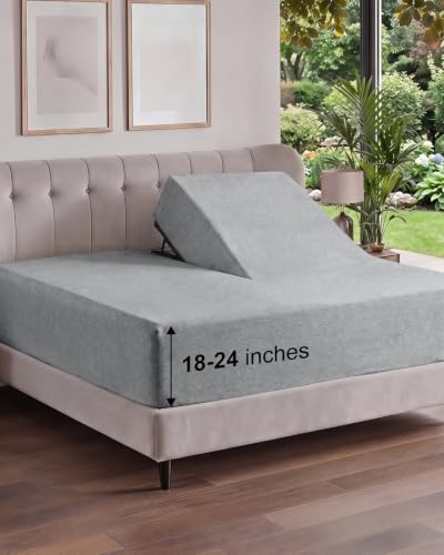 Image of Extra Deep Flex Top Split Head King Fitted Sheet - Hotel Luxury Single Fitted Sheet Only - Easily Fits 18 inch to 24 inch Mattress - Ultra Soft, Wrinkle Free w /Extra Deep Pockets - Heathered Grey