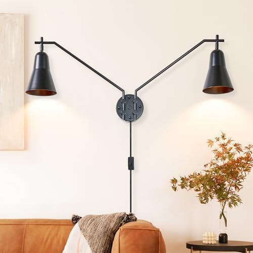 Double Black Swing Arm Wall Sconce Large 2-Lights Plug in Wall Light