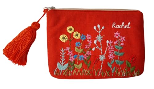 Customized Hand Embroidered Flower Pouch, Linen Wallet, Handmade Makeup Bag, Bridesmaid Gift, Linen Coin Purse, Daisy Embroidery Bag, Handmade Gifts, Handmade Bag, Gift. (Fabric color 1)
