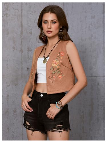 Verdusa Women's Floral Embroidery Open Front Cowgirl Vest Sleeveless Crop Vest Jacket3