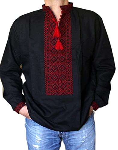 Rushnichok Vyshyvanka Men's - Embroidered Shirt - Black red Shirt - Ukrainian Ornaments - Linen Wedding Shirt