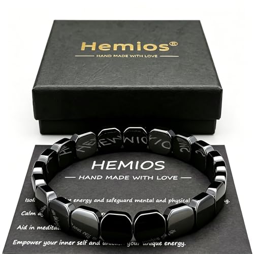 Hemios Hematite Bracelet Men for Daily Focus Business and Gym Wear Black Stone Stretch Bracelet for Men Meaningful Gift for Him