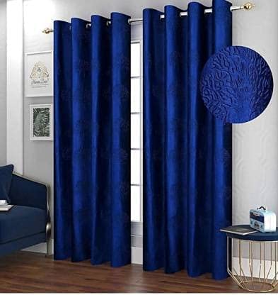 SB INDIA Polyester Solid Tree Punching Long Crush Blue Pack of 2 Curtains for Living Room Home Bedroom (12 Feet, Blue)
