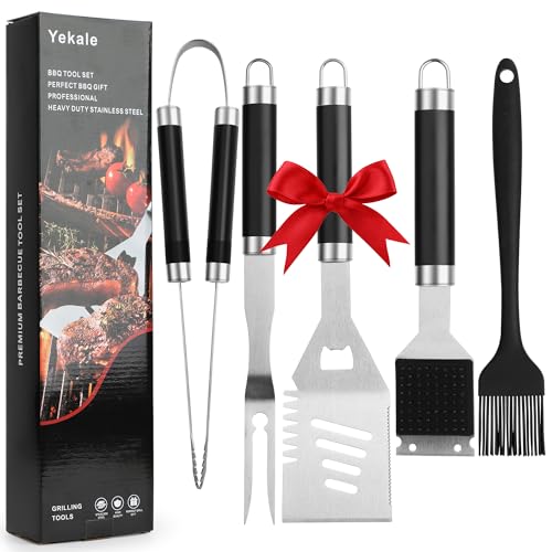 Yekale BBQ Grill Accessories Set, Grill Tools Grilling Accessories Grilling Gifts for Men - Spatula, Fork, Brush, Tongs & Cleaning Brush - Outdoor Barbecue Utensils Gifts for Men Dad Him (Black)