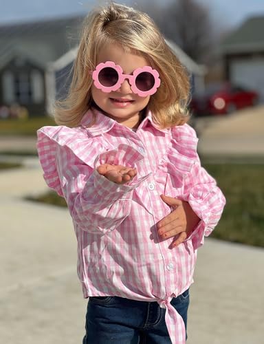 Image of Girls Sleeveless Plaid Button Down Shirt Summer Crop Tops Tie Knot Ruffle Sleeve Shirt Blouse 3-12Y