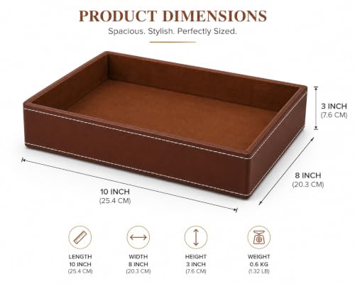 Image of Primuim Leather Desk Organiser Tray Faux Leather, 10 x 08 x 1.5 inch, Decorative Stitching Detail, Modern Professional Faux Rectangular Leather Serving Tray.Brown Color