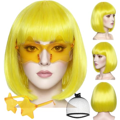 Image of ANOGOL Yellow Bob Wig with Bangs Short Yellow Wigs for Women Funny Costume