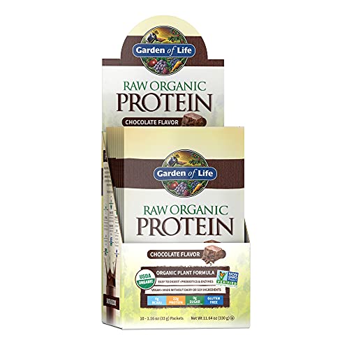Garden of Life Raw Organic Protein Chocolate Powder Packets, 10ct Tray - Certified Vegan, Gluten Free, Organic, Non-GMO, Plant Based Sugar Free Shake with Probiotics & Enzymes, 4g BCAAs, 22g Protein