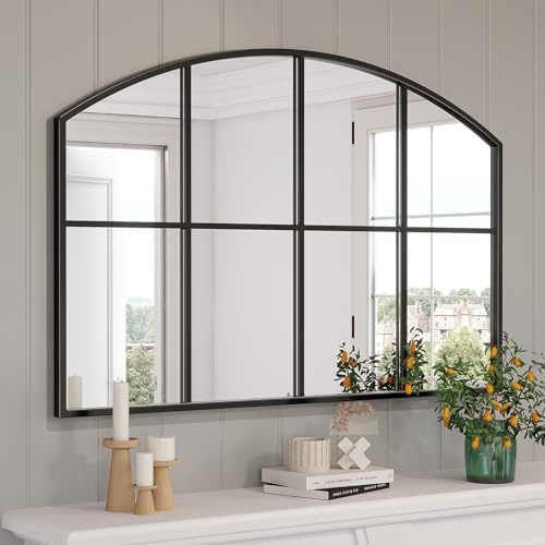Black Arched Window Pane Mirror, 42" x 28" Wide Mirrors for Wall,...