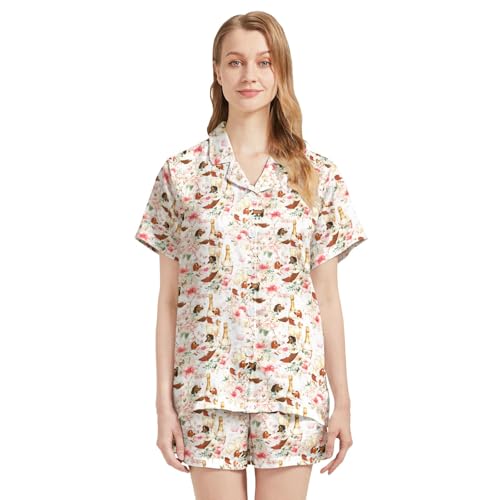 Image of Silk Satin Pajama Set for Women Summer Lounge Pjs Sets 2 Piece Suit Ladies Button Down Tops And Shorts Sleepwear