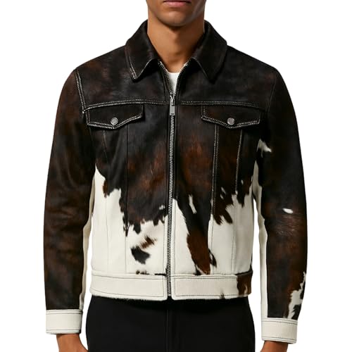 Men's Cowhide Leather Motorcycle Jacket – Western Cow Print Coat Animal Print Cow Jacket2