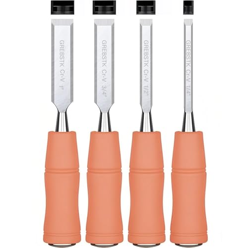 Image of GREBSTK 4-Piece Ultra-Sharp Wood Chisel Set, CR-V Steel Beveled Blades with Guards, Comfortable & Durable Handle, for Carving, DIY & Woodworking (1 /4 inch, 1 /2 inch, 3 /4 inch, 1 inch)