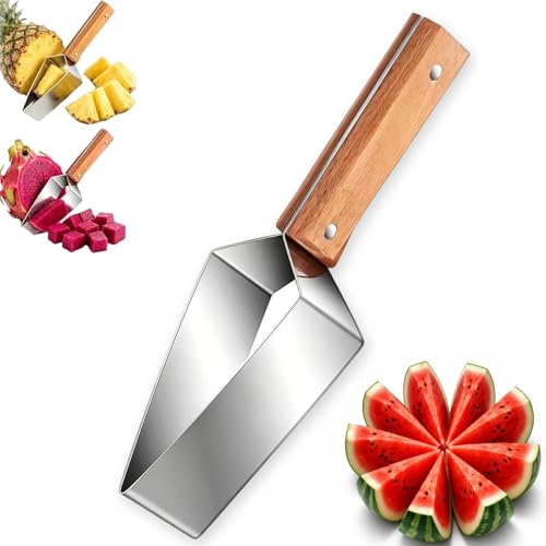 Cortador triangular para sandía, cortador de fruta de acero inoxidable con mango de madera, utensilio de cocina para cortar fruta con funda protectora para la cuchilla, ideal para sandía (1pcs)